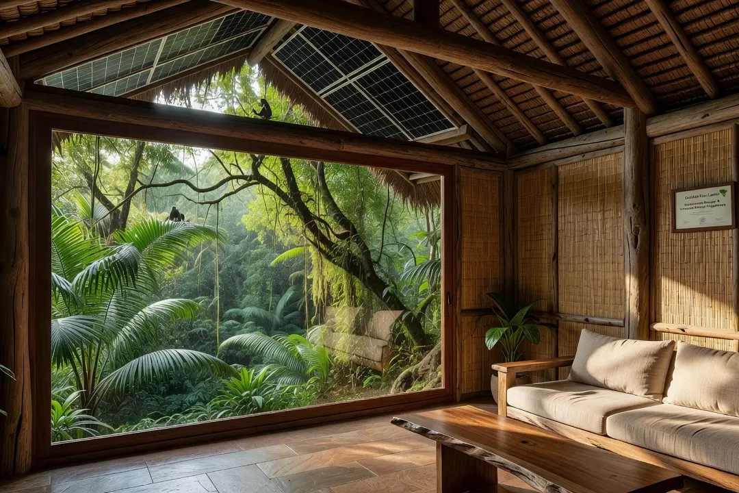 Intérieur d'un éco-lodge certifié avec panneaux solaires visibles, matériaux naturels, vue panoramique sur jungle tropicale