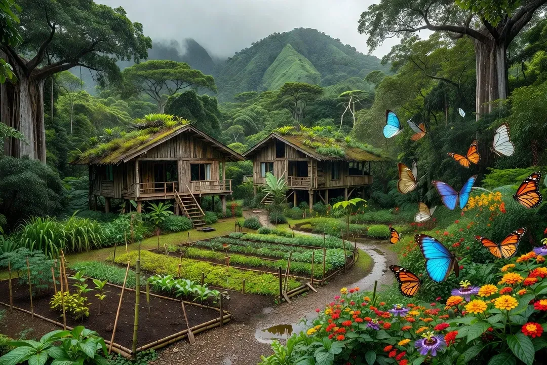 Éco-lodge au Costa Rica avec jardin de permaculture, papillons, forêt tropicale dense, style photojournalisme