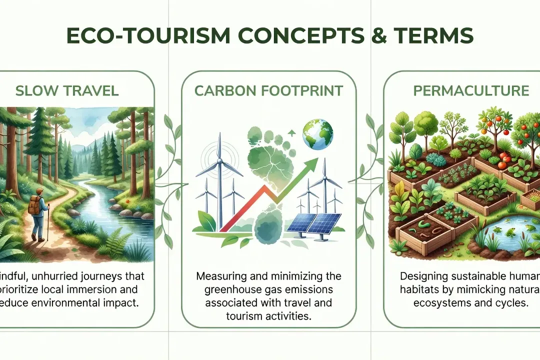 Illustration infographique des termes éco-tourisme — slow travel, empreinte carbone, permaculture — avec iconographie nature