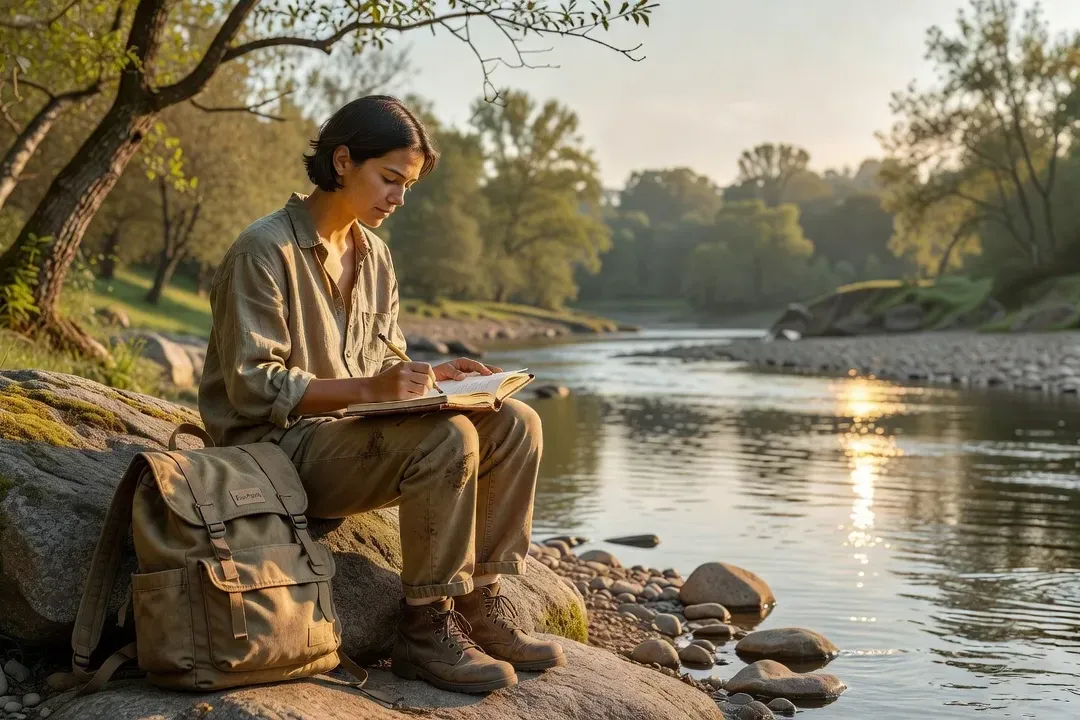 Voyageur slow travel avec carnet au bord d'une rivière, sac à dos durable minimaliste, style contemplatif