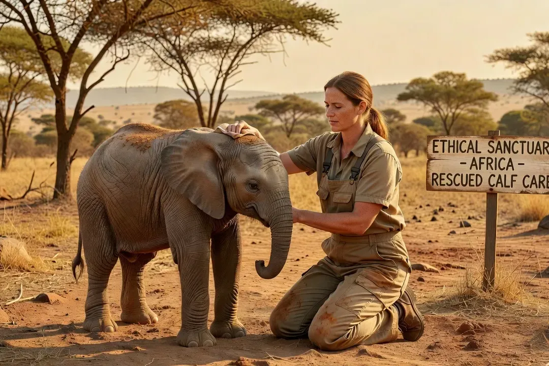 Volontaire bénévole prenant soin d'un éléphanteau en réhabilitation dans un sanctuaire éthique en Afrique, cadre naturel