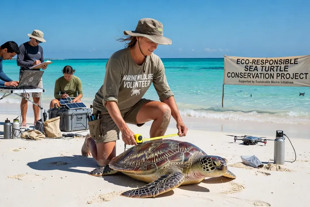 Volontaire avec programme de conservation des tortues marines, eau turquoise, équipe de recherche éco-responsable