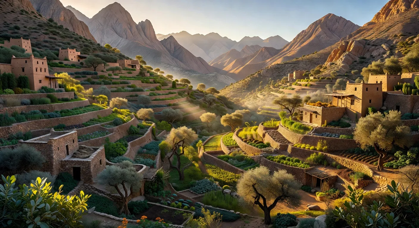 Panorama de l'Atlas marocain avec jardins en terrasses et oliviers — destination woofing idéale