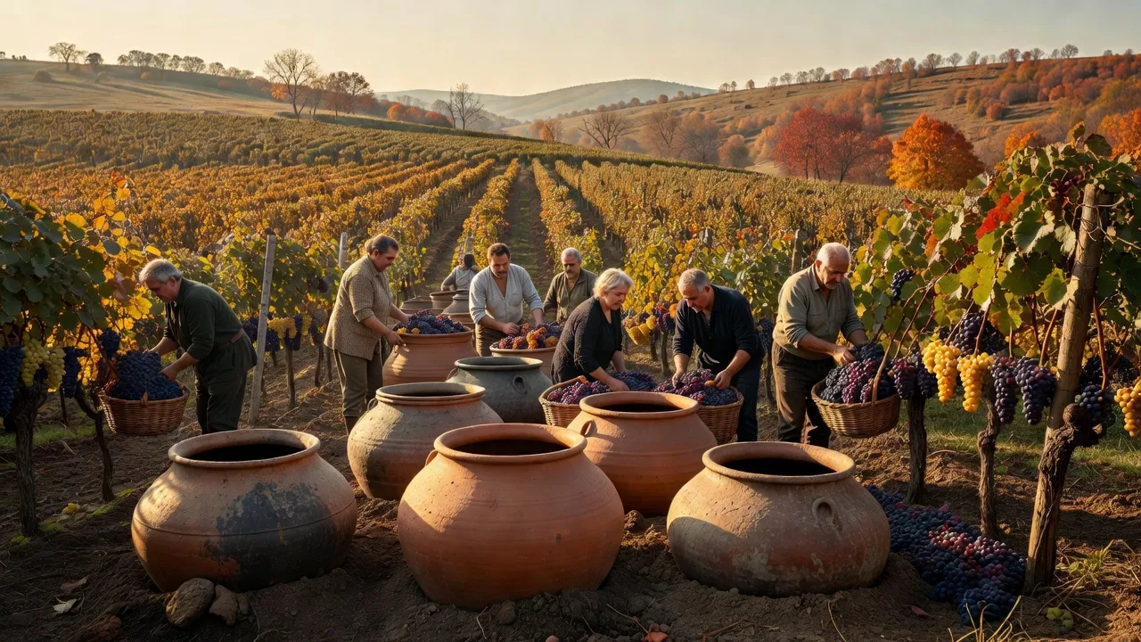 Vignoble traditionnel de Kakhétie en Géorgie avec jarres qvevri enterrées pour la vinification ancestrale