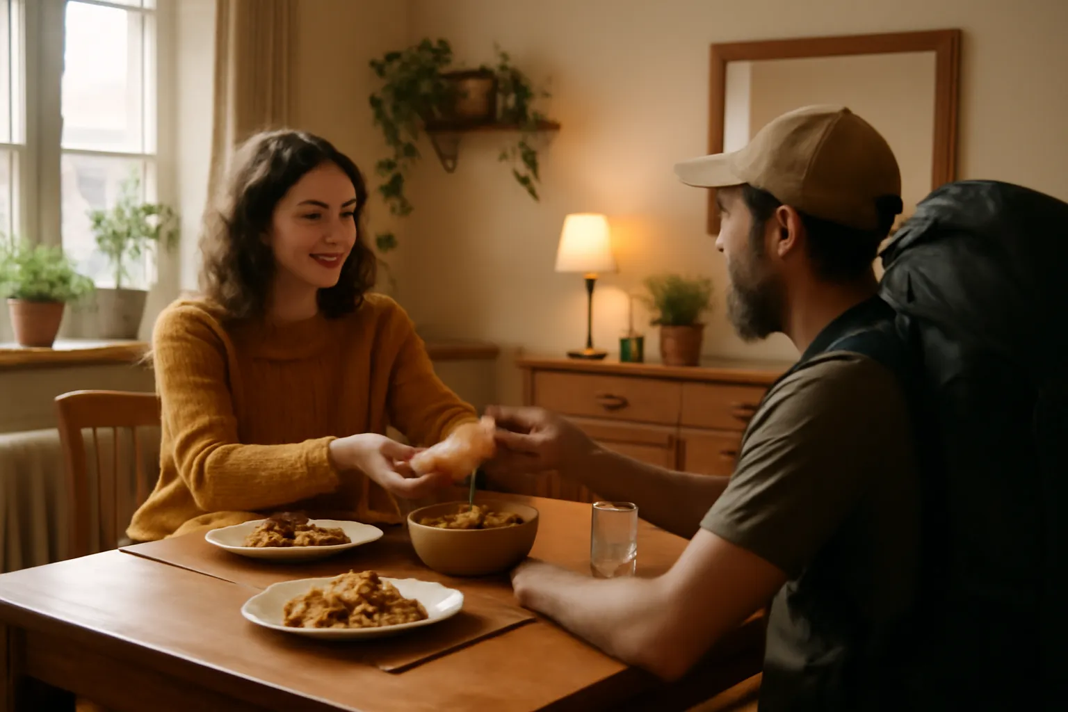 Hôte et voyageur partageant un repas convivial, hébergement chez l'habitant