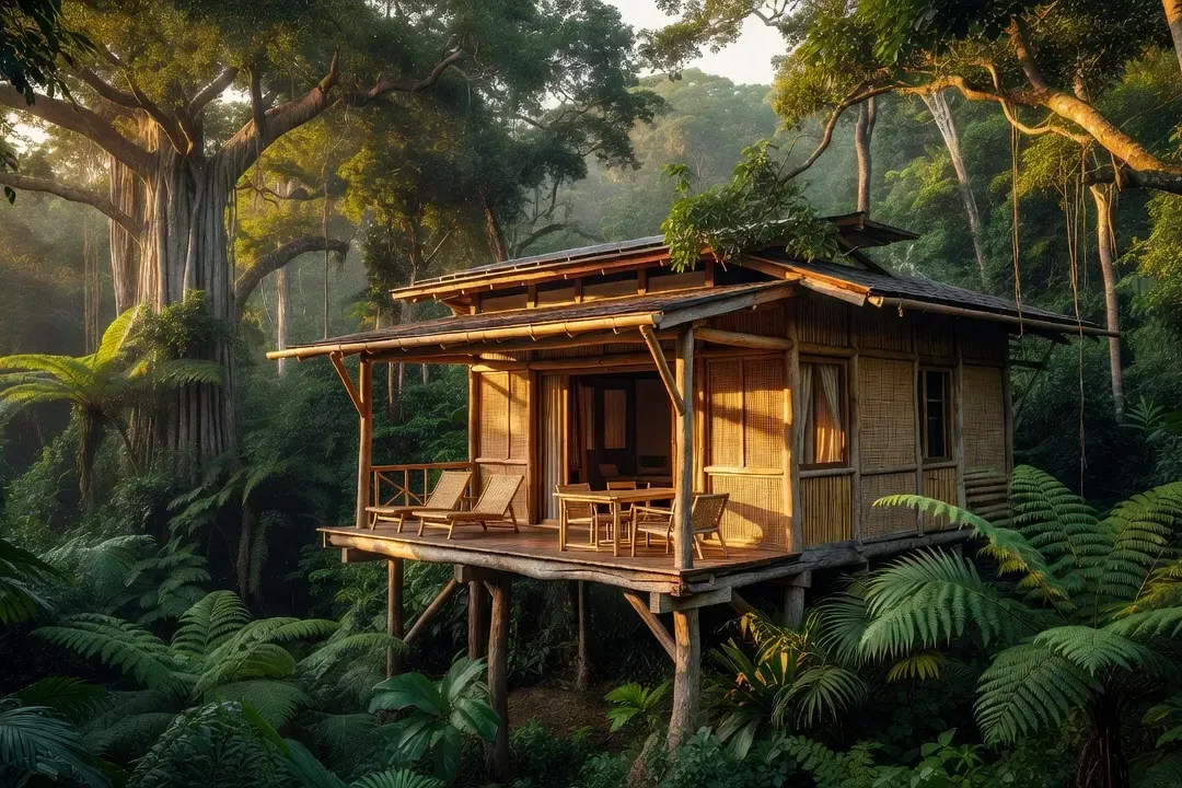 Cabane éco-lodge en bois naturel immergée dans la canopée tropicale, architecture durable, lumière dorée du soir