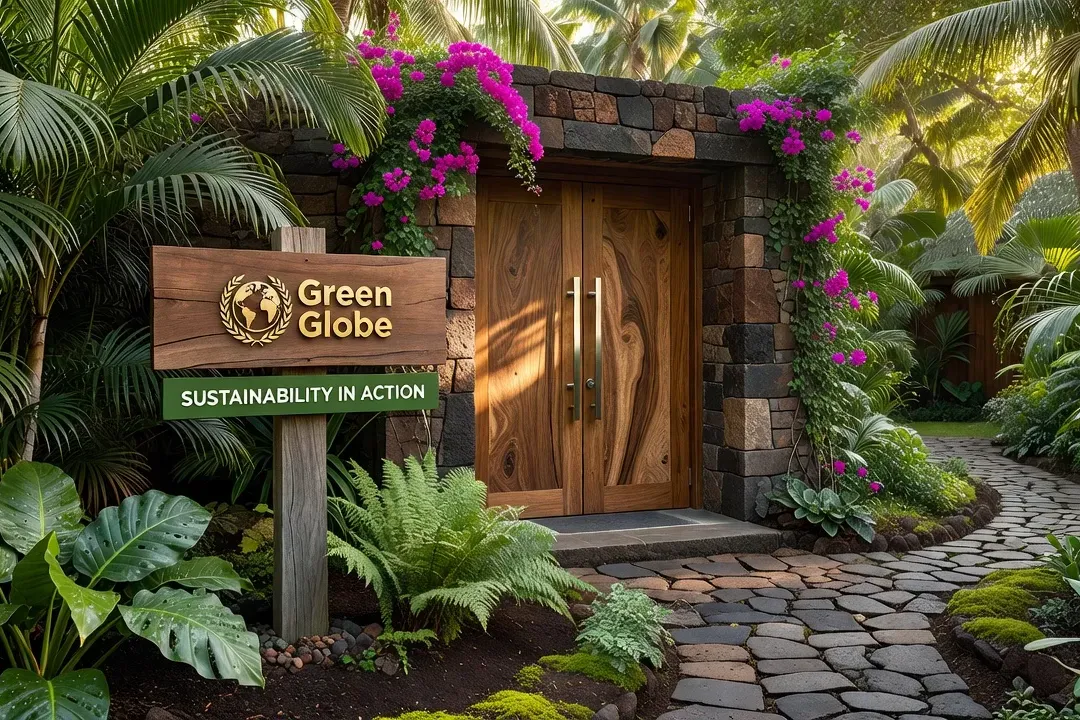 Panneau Green Globe sur l'entrée d'un éco-hôtel en jardin tropical, logo Rainforest Alliance visible