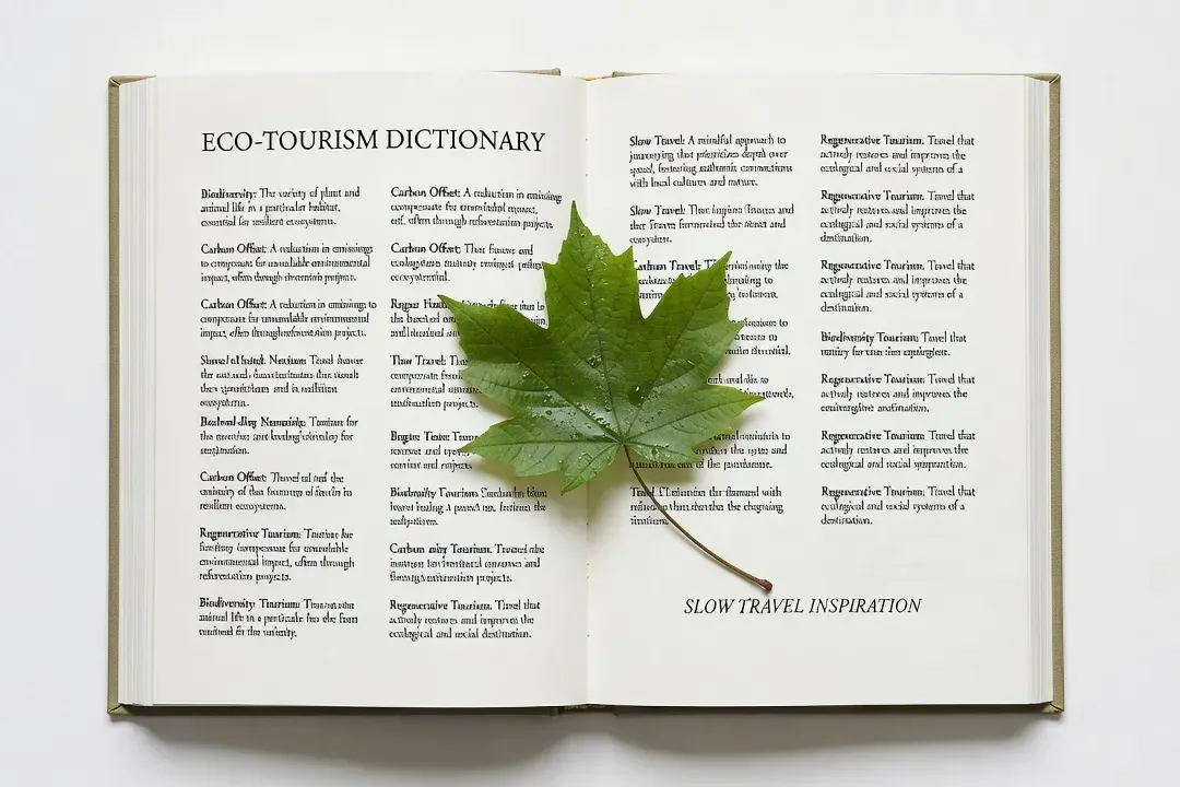 Dictionnaire ouvert avec signet feuille verte, inspiration slow travel et glossaire éco-tourisme