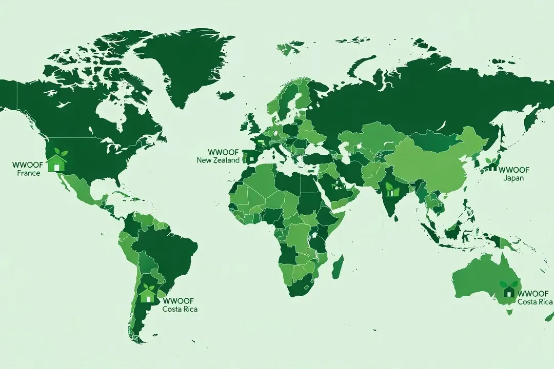 Carte du monde avec destinations WWOOF mises en évidence — France, Nouvelle-Zélande, Japon, Costa Rica — design illustré tons verts