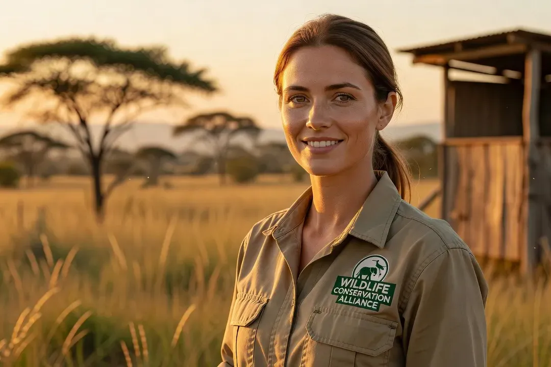 Dr Sarah Morin, vétérinaire ONG BioSave, en tenue de terrain avec équipement de suivi faune sauvage, portrait professionnel