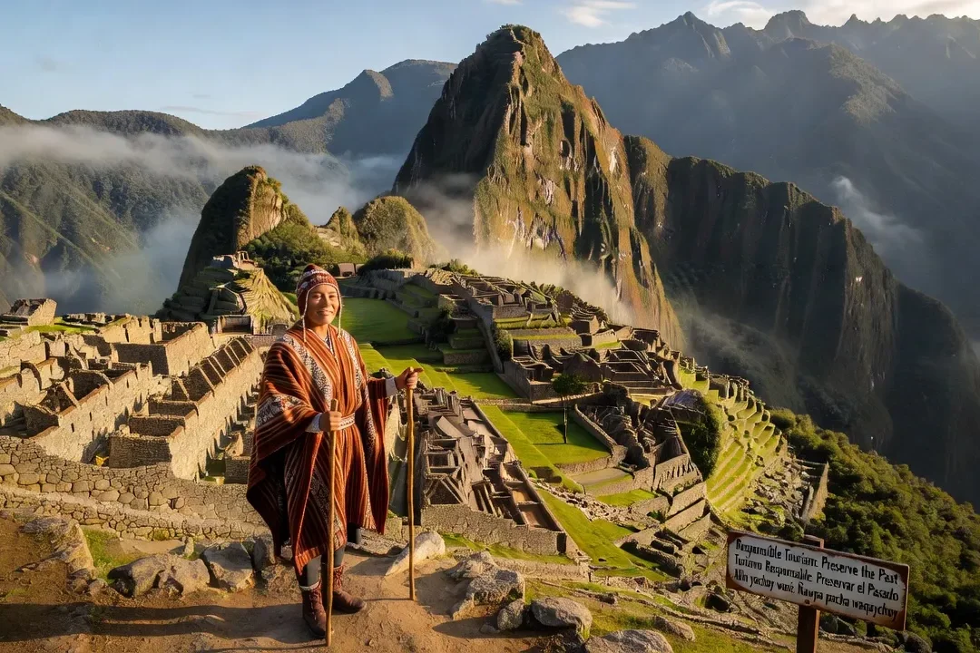 Vue du Machu Picchu au lever du soleil avec les montagnes des Andes péruviennes en arrière-plan