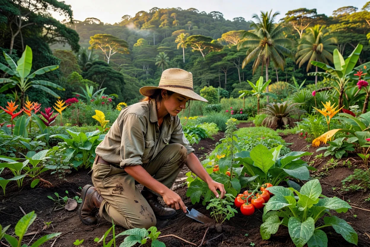 Volontaire WWOOF récoltant des légumes dans une ferme bio tropicale au Costa Rica