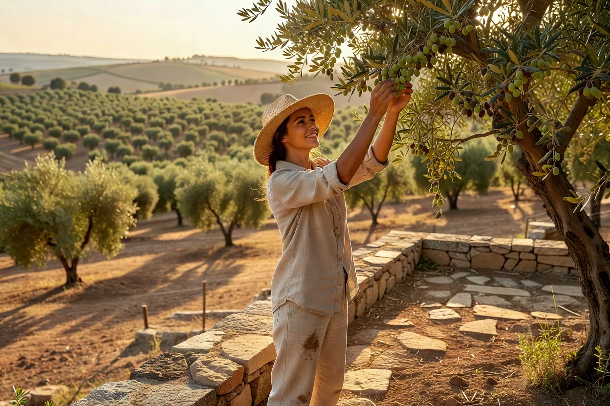 Volontaire souriante récoltant des olives dans une oliveraie en terrasses d'Andalousie, coucher de soleil doré