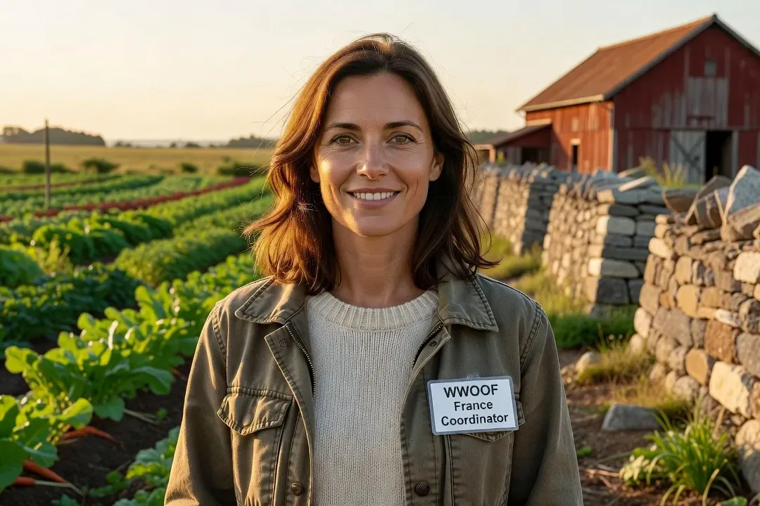 Marie Leblanc, coordinatrice WWOOF France, devant une ferme bio, portrait professionnel en extérieur