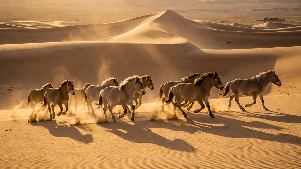 Cavaliers mongols traversant les dunes du désert de Gobi au coucher du soleil