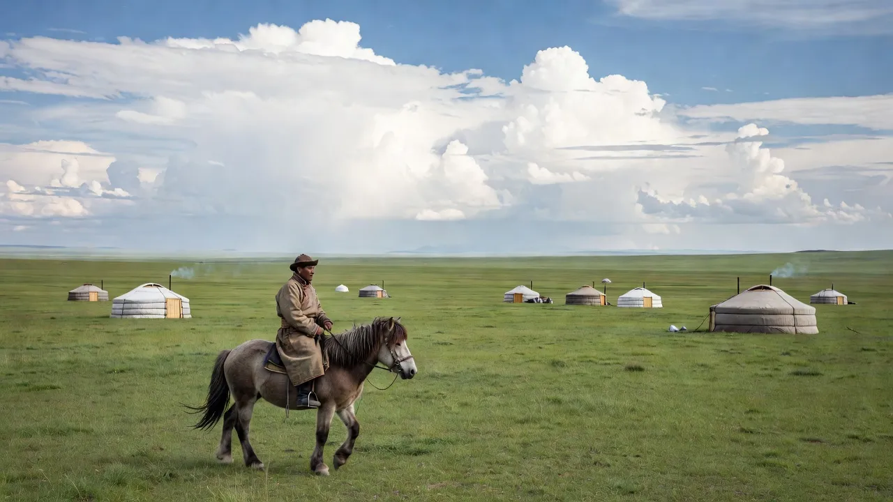 Campement de yourtes nomades dans la steppe verdoyante mongole en été