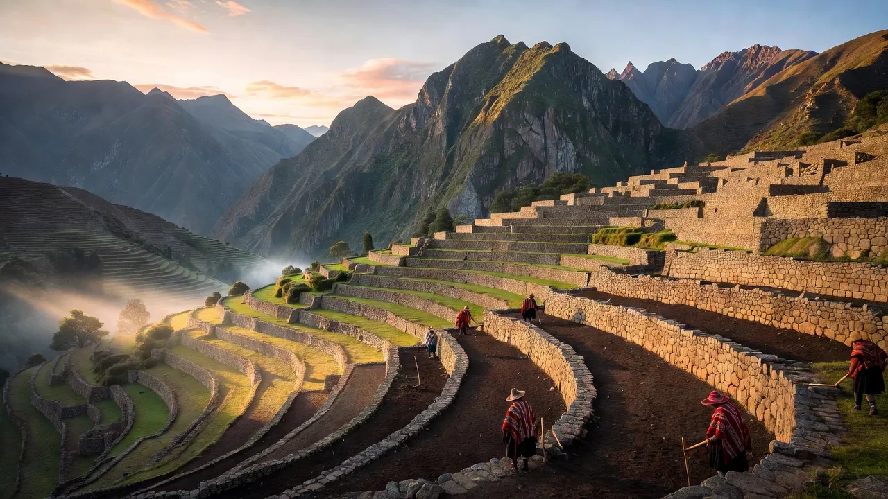 Terrasses agricoles incas de la vallée sacrée du Pérou avec le fleuve Urubamba en contrebas
