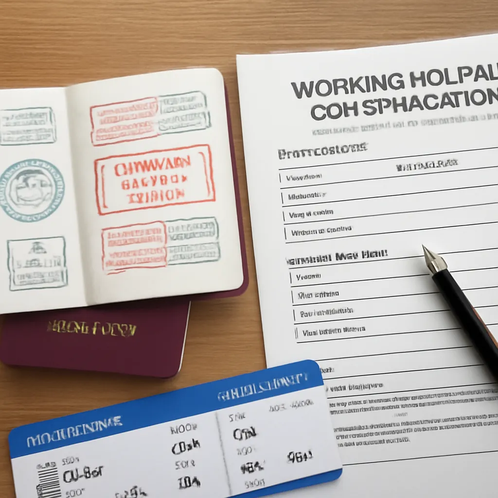 Passeport, documents administratifs et formulaire de demande de visa vacances-travail sur un bureau