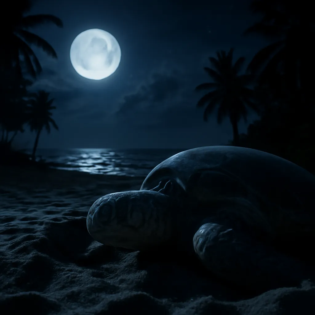Tortue caouanne remontant sur une plage de sable au crépuscule pour pondre ses œufs