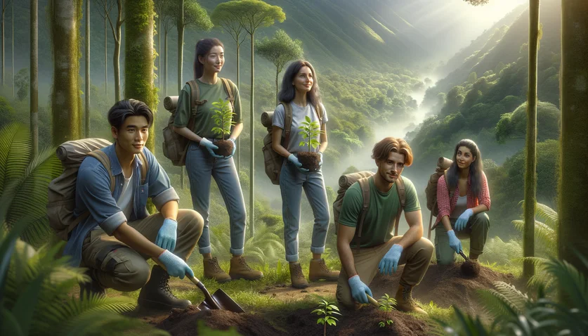 Bénévoles plantant des arbres dans un projet de reforestation tropicale