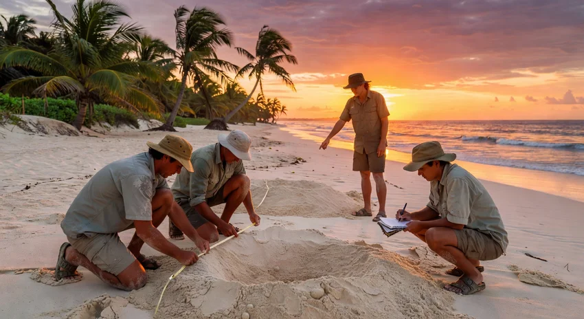 Écovolontaires surveillant des tortues marines sur une plage tropicale