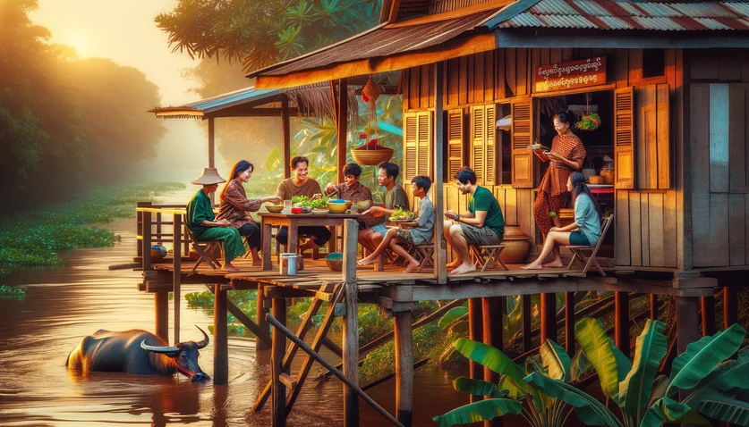 Maison sur pilotis au bord du Mékong au Cambodge