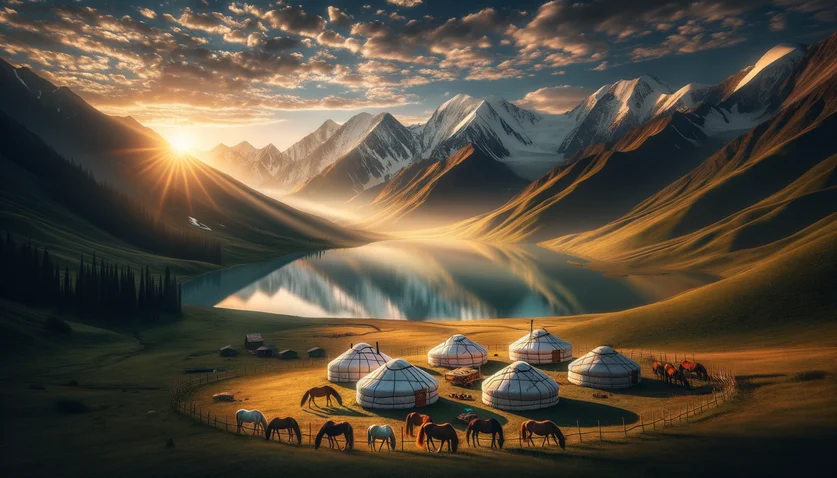 Yourtes au bord du lac Song-Kul au Kirghizistan