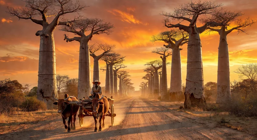 Allée des Baobabs à Madagascar au coucher du soleil