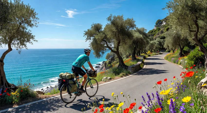 Cycliste voyageant le long d'une côte méditerranéenne