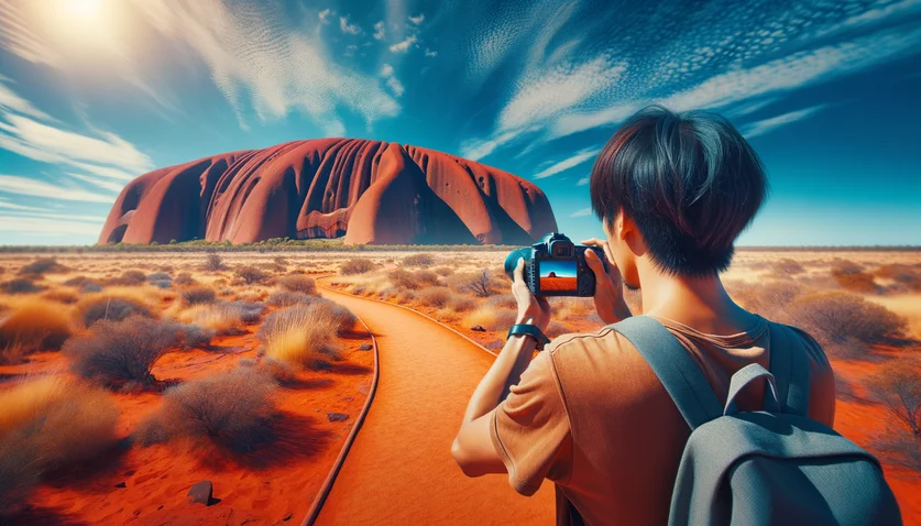 Touriste respectueux photographiant Uluru depuis le sentier de base