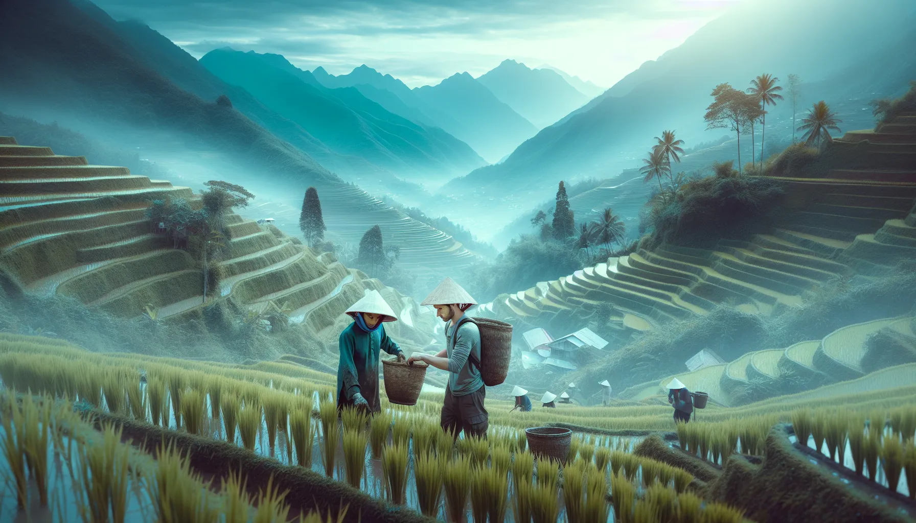 Rizières du Vietnam avec une volontaire parmi les fermiers locaux